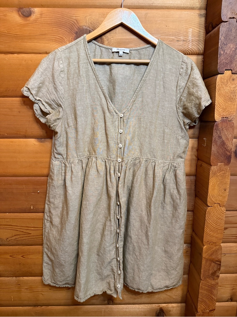 Madewell Alexandra Button-Front Linen Dress in Olive Branch